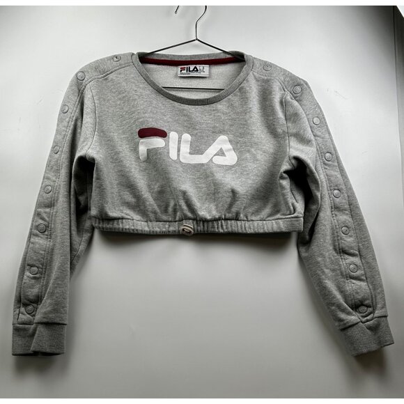 Fila Grey Y2K Sporty Cropped Crewneck Sweatshirt Snap Sleeve Logo Pullover (M) - Picture 2 of 7